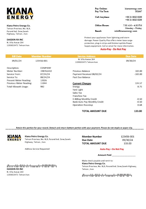 Iran Kiana Petro Energy Co business utility bill template in Word and PDF format